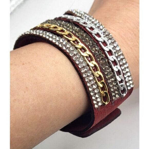 Vegan Leather Masculine Chain Cuff Bracelet Snap Closure 8.5in - Picture 1 of 4